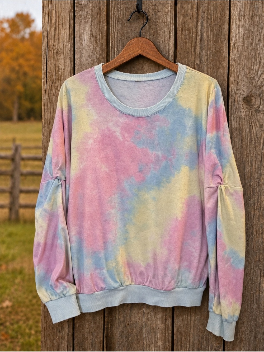 Womens Large Pastel Tie Dye Lightweight Crewneck Sweatshirt Pink Blue Yellow